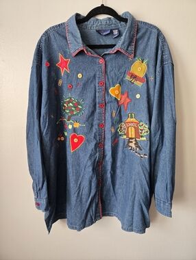 Vintage Denim Shirt with Colorful Embroidery Back To School Size 3X